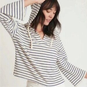 Marine Layer Playa Hoodie Cream Navy Stripe Long Sleeve V Neck Pullover Size L